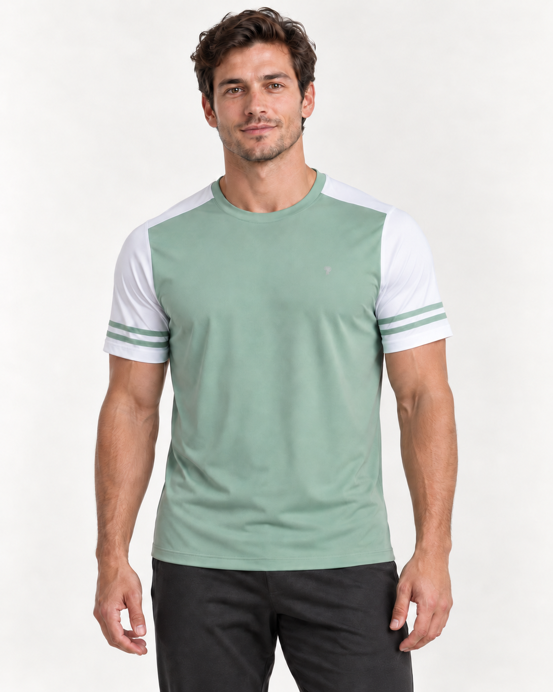 Polocom Plus Rally Contrast Sleeve Tee in Green, front model concept view