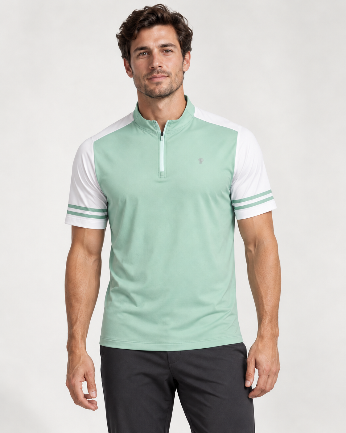Polocom Plus Rally Short Sleeve Quarter Zip in Green, front model concept view