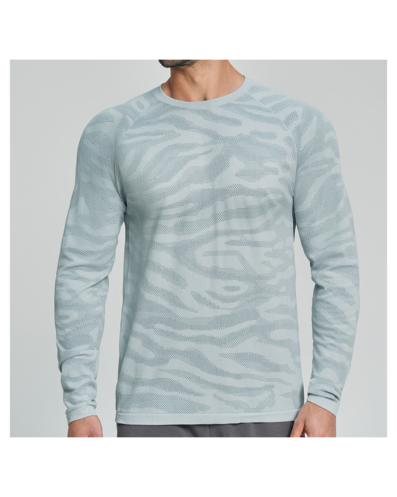 Polocom Plus Ripple Mesh Long Sleeve Tee — Blue Green front on model