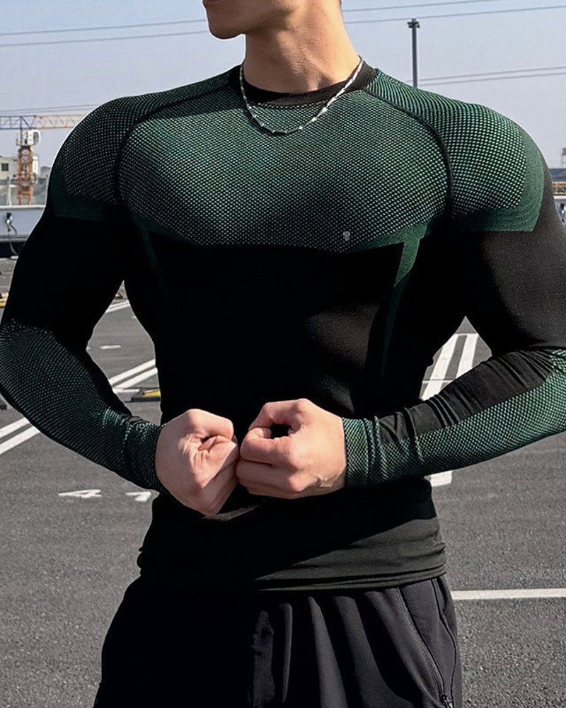 Polocom Plus Sculpt Panel Long-Sleeve Top — Green front on model