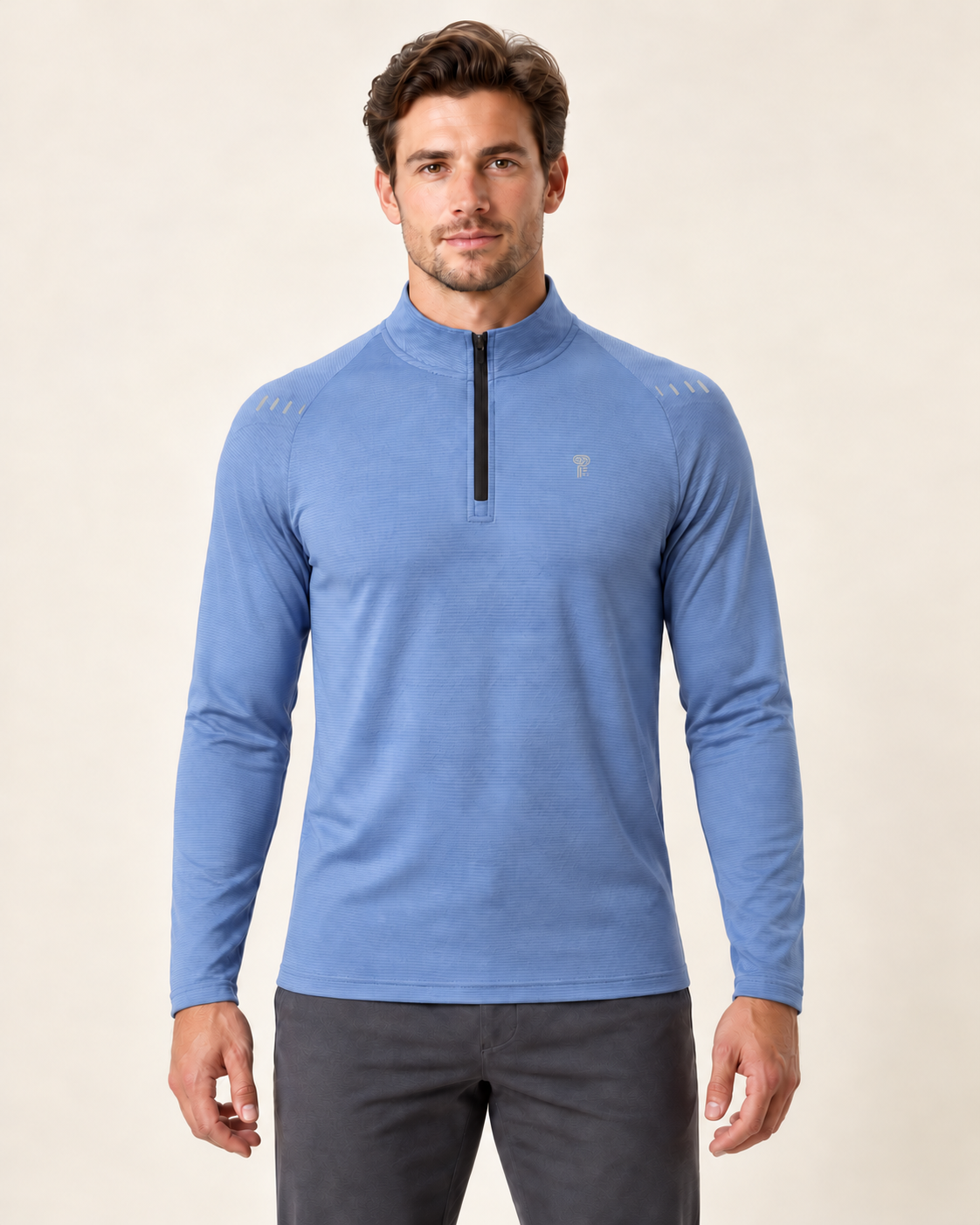 Polocom Plus Shift Textured Quarter-Zip Top in Blue, front model concept view with small silver P emblem