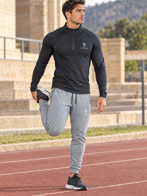Polocom Plus Apex Half-Zip Training Top — reflective silver branding mockup, adult athlete in motion