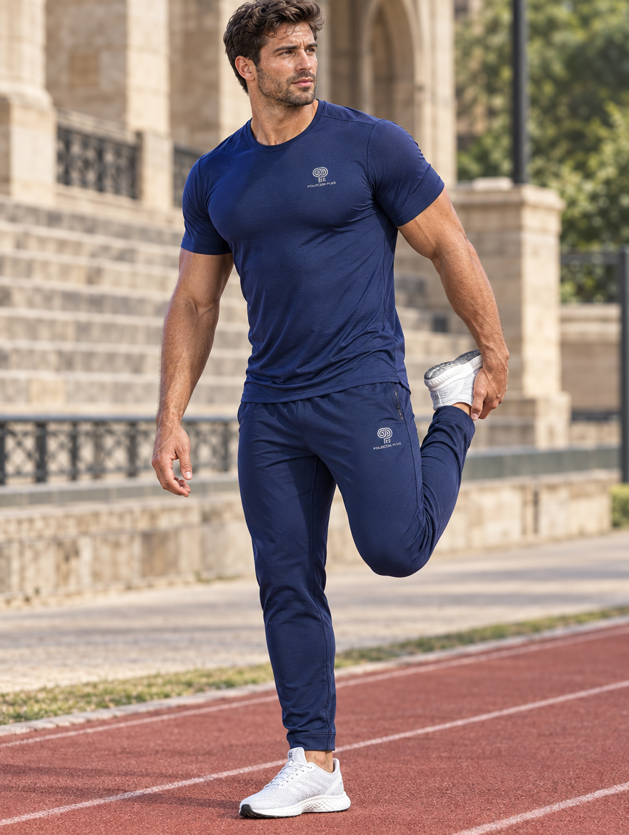 Polocom Plus Power Training Tee — reflective silver branding mockup, adult athlete in motion