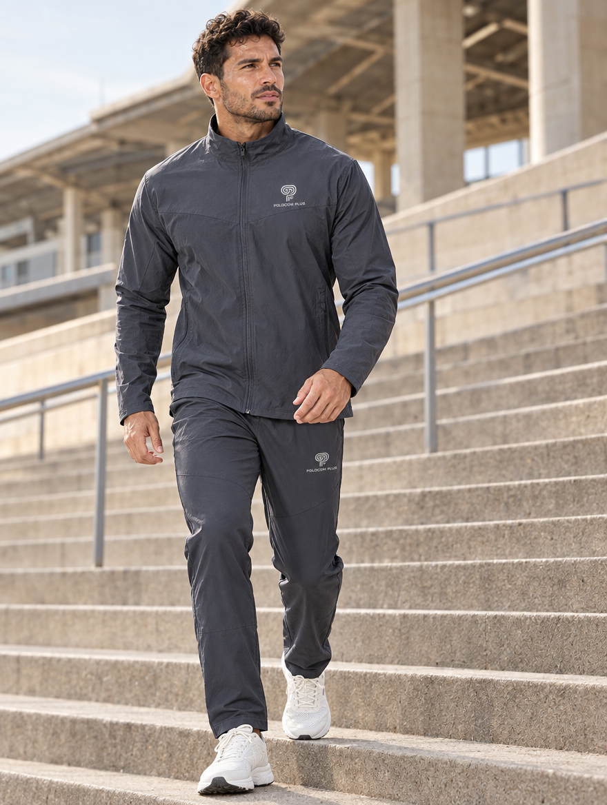 Polocom Plus Reset Two-Piece Training Set — reflective silver branding mockup, adult athlete in motion