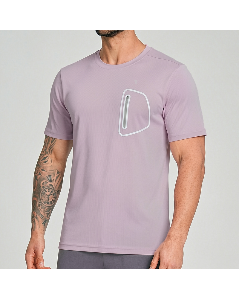 Polocom Plus Stash Zip-Pocket Training Tee in Lavender Purple, on model view