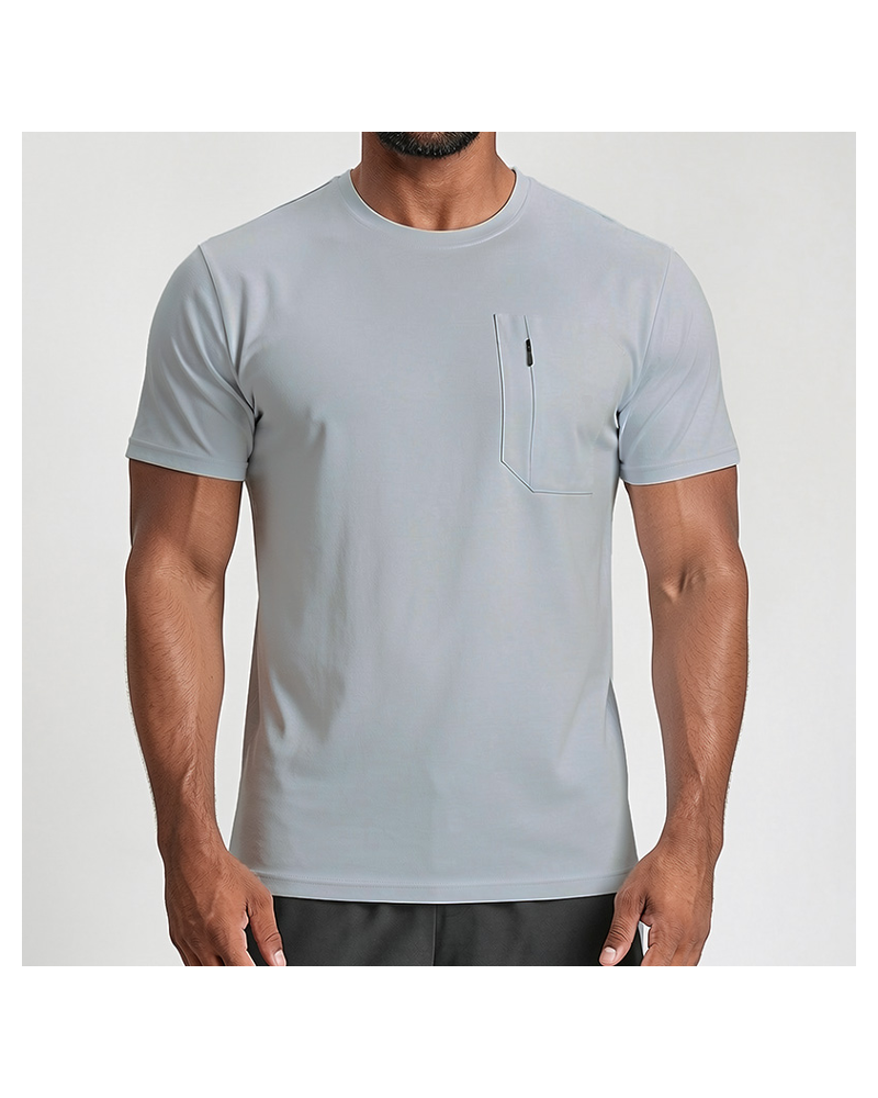 Polocom Plus Stow Chest Zip Tee — Light Grey front on model