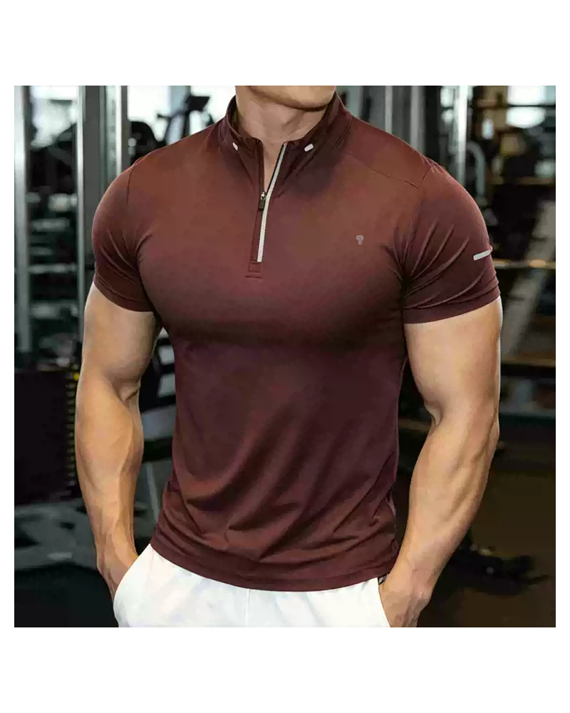 Polocom Plus Trace 170 Quarter Zip Tee — Rose Brown front on model