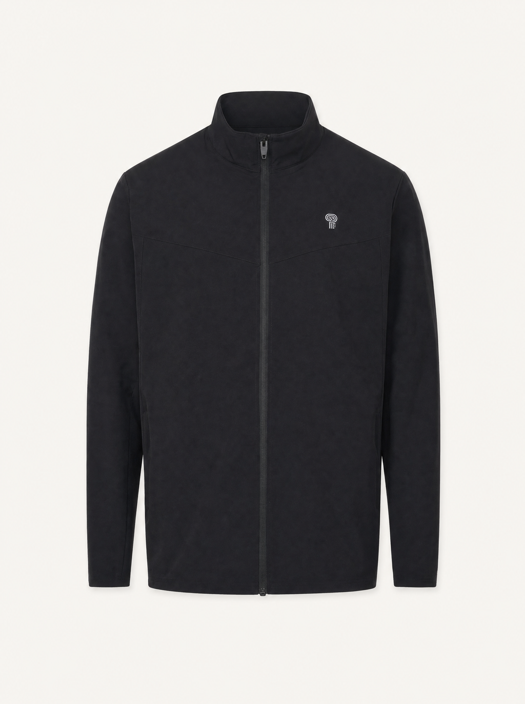 Polocom Plus track jacket in black, front studio view.