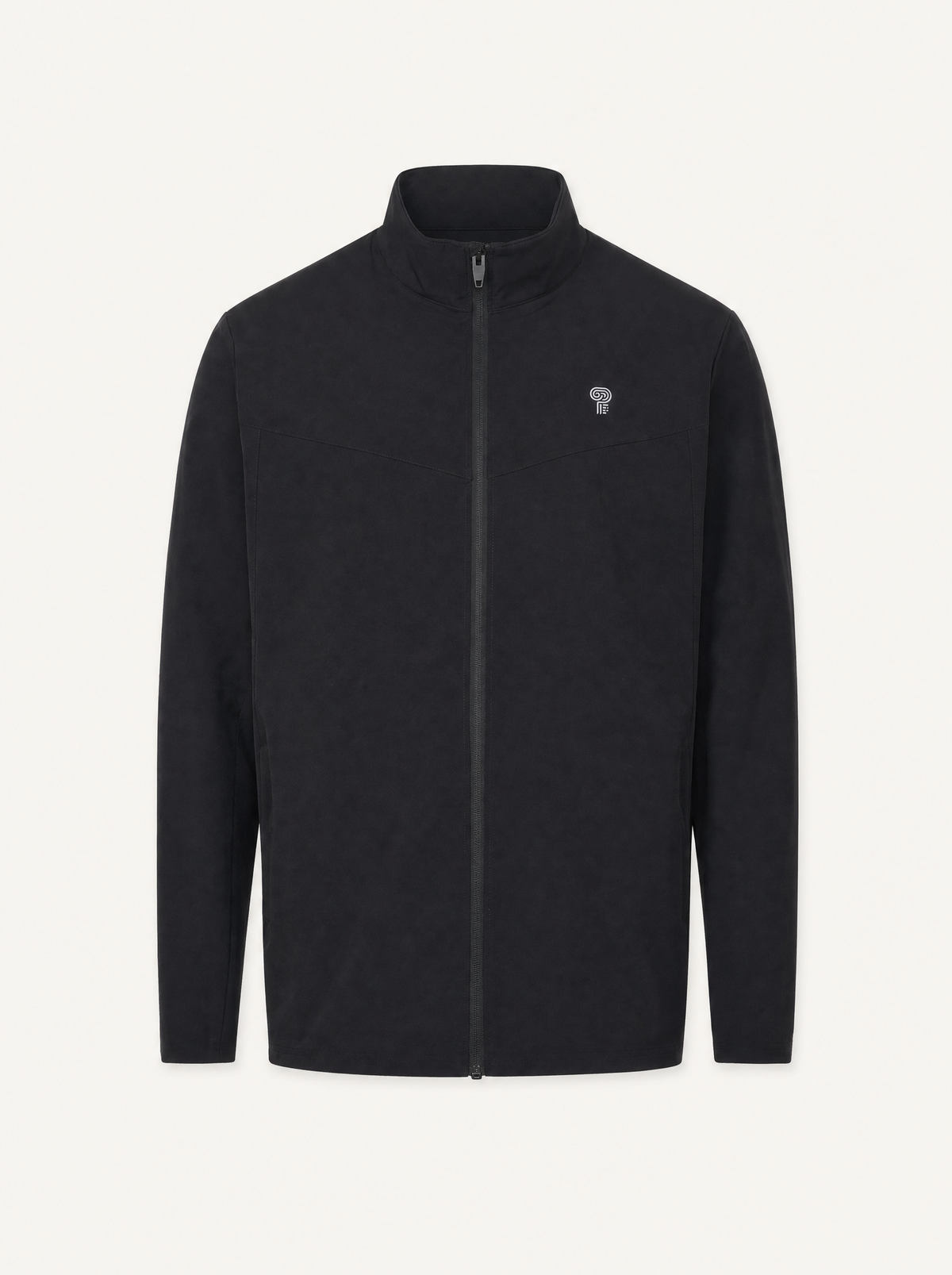 Polocom Plus track jacket in black, front studio view.