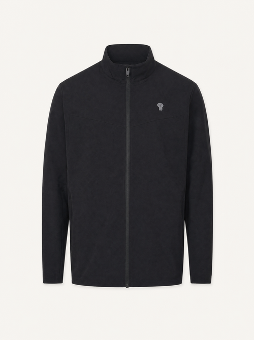 Polocom Plus track jacket in black, front studio view.