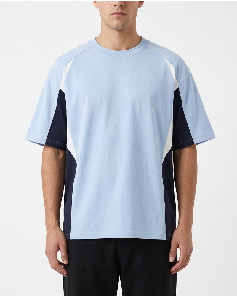 Polocom Plus Trio Panel Cotton Tee in Blue-White-Dark Blue, model concept view