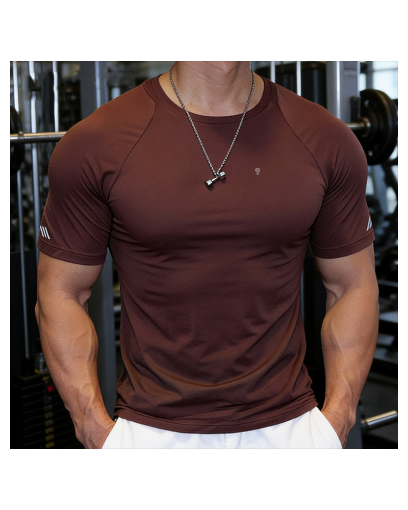 Rose Brown Vent Panel Training Tee worn by a model, front view