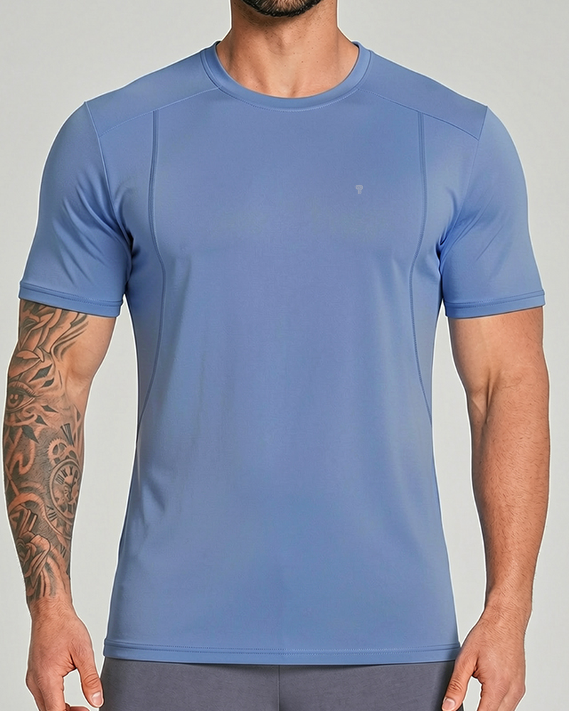 Polocom Plus Vent Panel Training Tee — Blue front on model