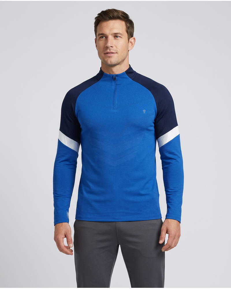 Polocom Plus Relay Color-Block Quarter-Zip in Blue, model front view