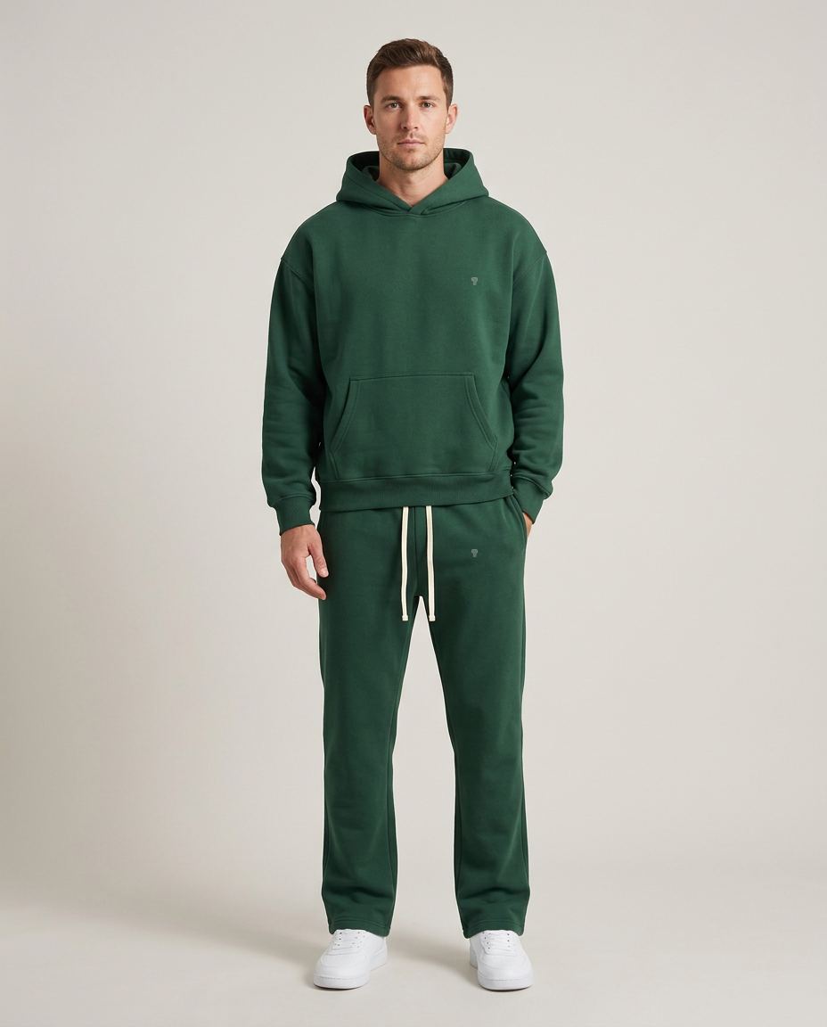 Polocom Plus Rest Hooded & Straight-Leg Set in Jungle Green, front view worn by an adult male model