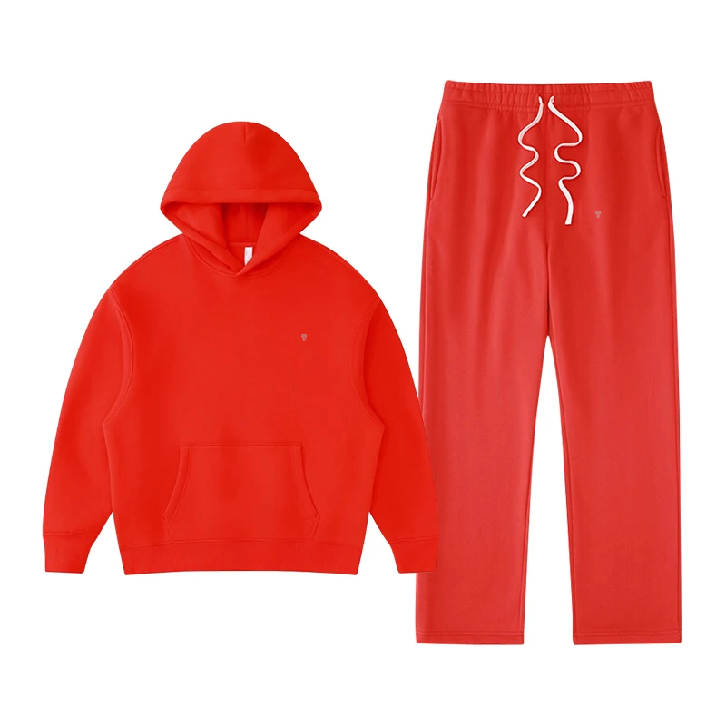 Polocom Plus Rest Hooded & Straight-Leg Set in Red, matching hoodie and pants garment view