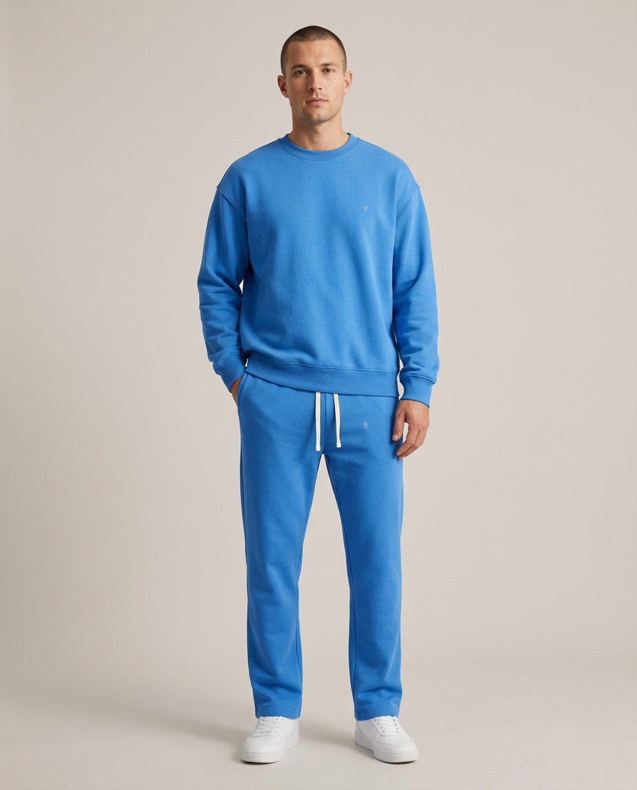 Polocom Plus Rest Crewneck & Straight-Leg Set in Blue, front view worn by an adult male model