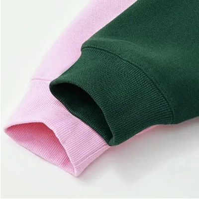 Polocom Plus Rest Crewneck & Straight-Leg Set in Jungle Green, Pink and Jungle Green ribbed sweatshirt cuff detail