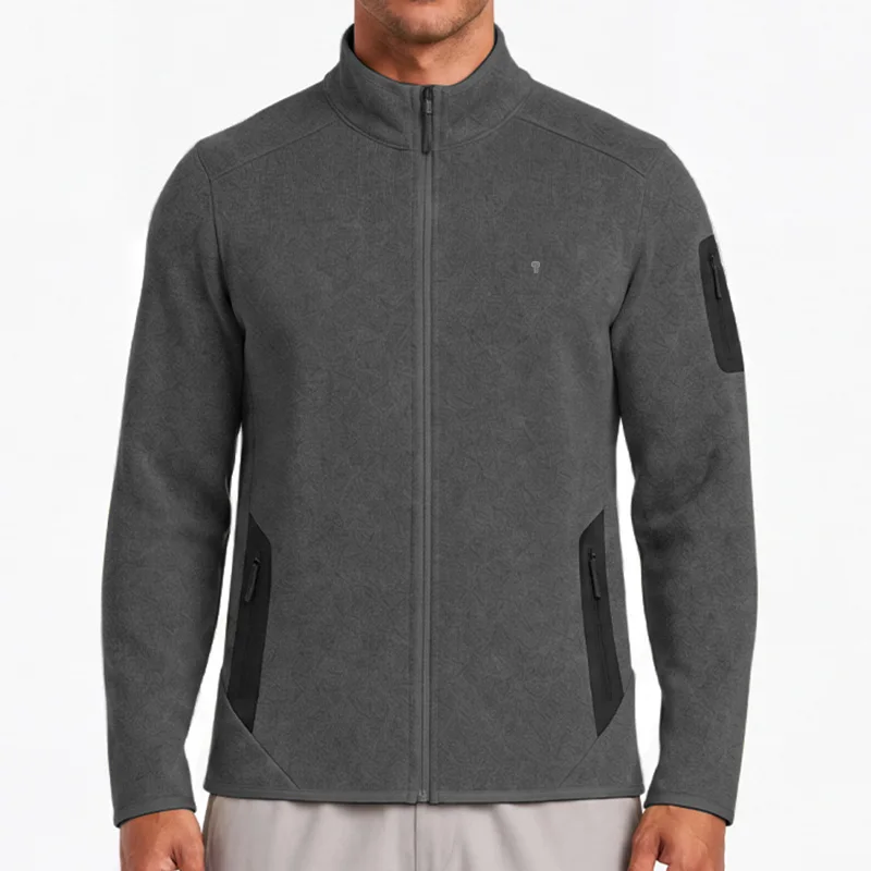 Polocom Plus Ridge Stand-Collar Fleece Jacket in Dark Gray, front view worn by an adult male model