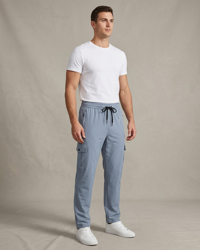 Polocom Plus Roam Cargo Pants in Blue, full view on male model