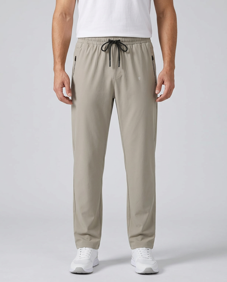 Polocom Plus Roam Straight-Leg Drawstring Pants in Khaki, styled front view on male model
