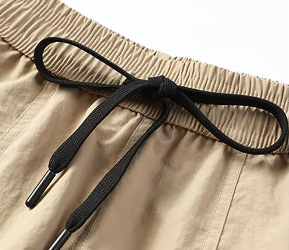 Polocom Plus Roam Nylon Shorts in Khaki, elastic waist and drawstring detail