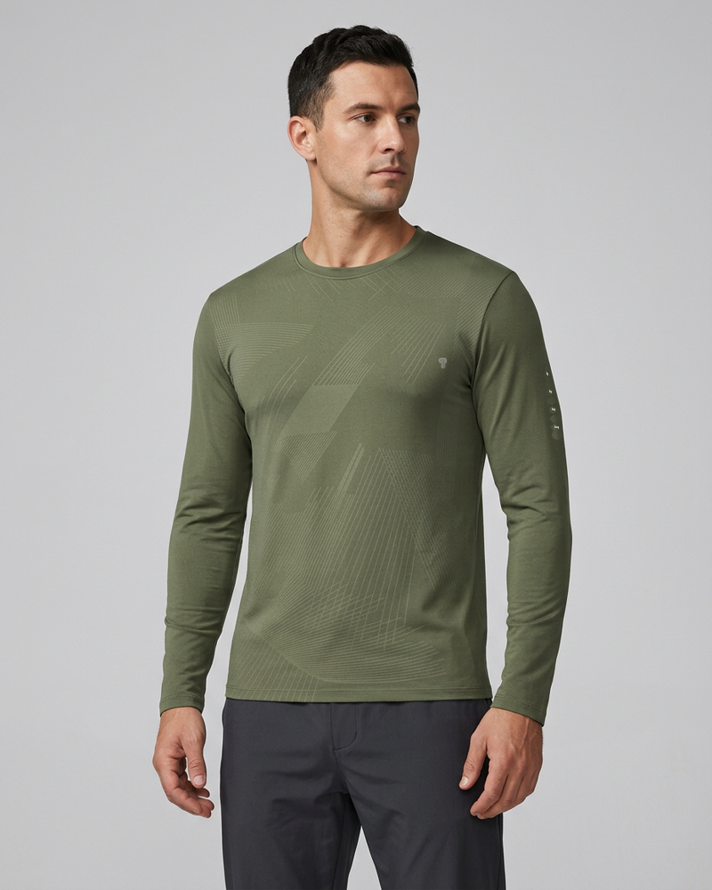 Polocom Plus Signal Long Sleeve Tee in Army Green, model front view