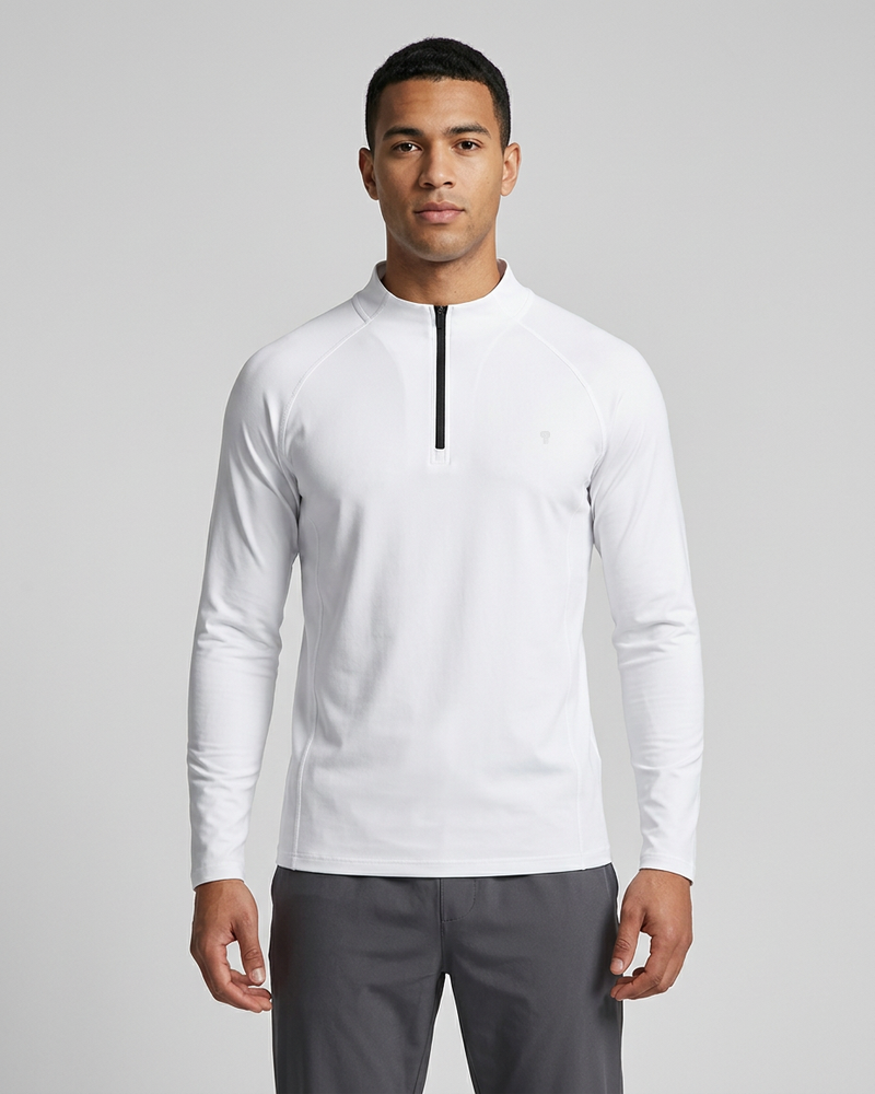 Polocom Plus Signal Stretch Quarter-Zip Top in White, model front view