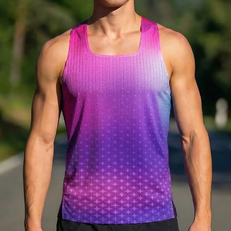 Polocom Plus Spectrum Running Tank in Pink purple blue, front on-model view