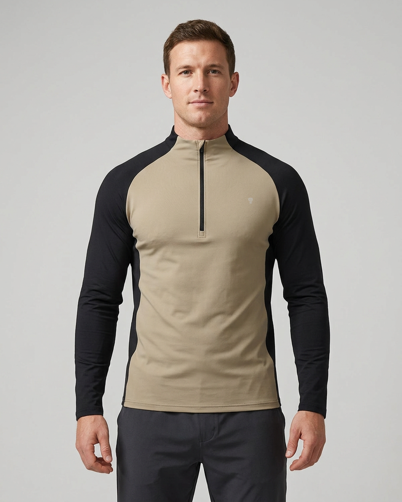 Polocom Plus Sprint Color-Block Quarter-Zip Top in Khaki, model front view
