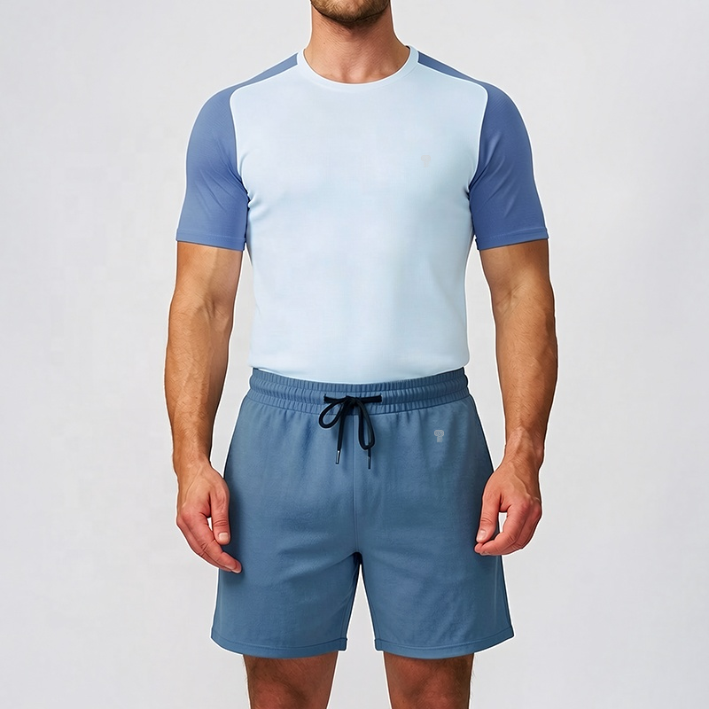 Polocom Plus Sprint Raglan Tee & Shorts Set in Blue, front view on male model