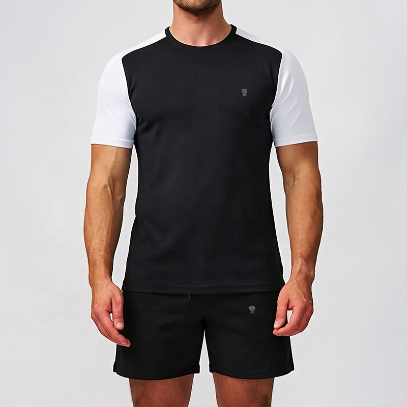 Polocom Plus Sprint Raglan Tee & Shorts Set in Black, front view on male model