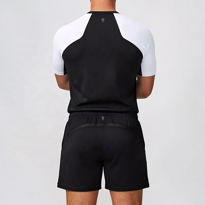 Polocom Plus Sprint Raglan Tee & Shorts Set in Black, rear view on male model