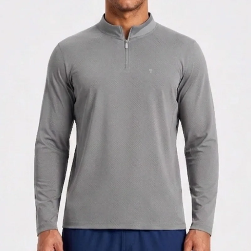 Polocom Plus Strata Stretch Quarter-Zip Top in light gray, front view on an adult male model