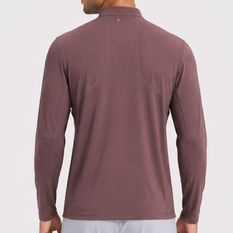 Polocom Plus Strata Stretch Quarter-Zip Top in Brown, rear view on an adult male model