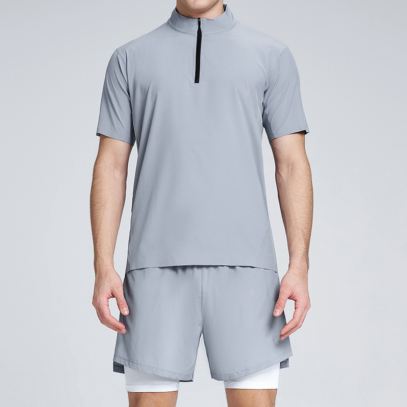 Polocom Plus Stride Quarter-Zip & Lined Shorts Set in Silver Gray, front view on male model