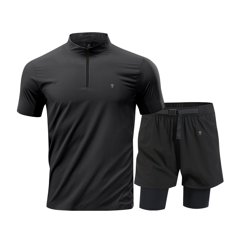 Polocom Plus Stride Quarter-Zip & Lined Shorts Set in Black, front product view