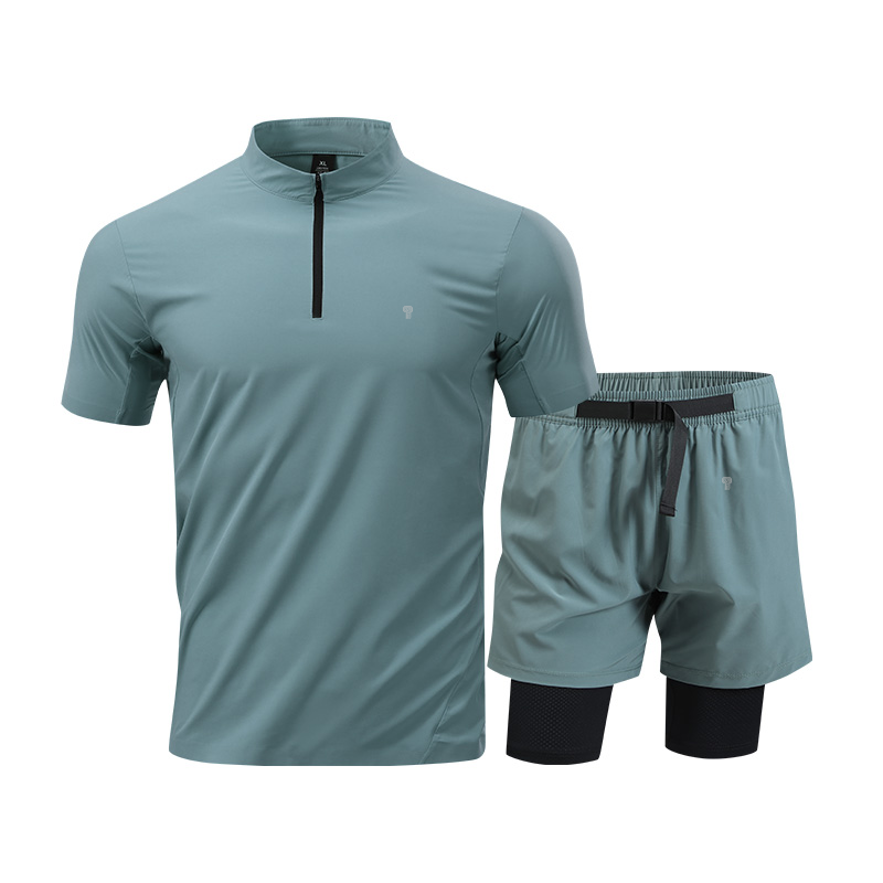 Polocom Plus Stride Quarter-Zip & Lined Shorts Set in Blue Green, front product view