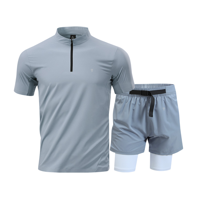 Polocom Plus Stride Quarter-Zip & Lined Shorts Set in Silver Gray, top and lined shorts flat view