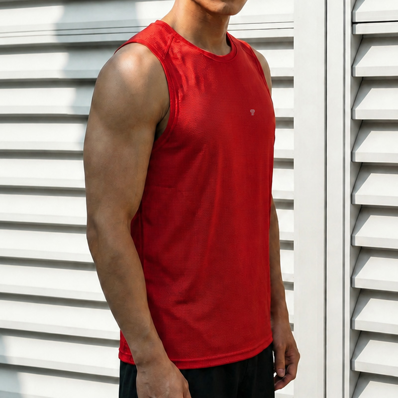 Polocom Plus Stride Sleeveless Training Tank in Red, model front view