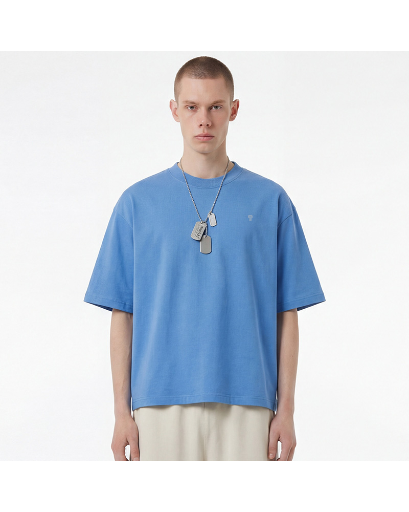 Polocom Plus Structure Heavyweight Cotton Tee in Blue, model front view