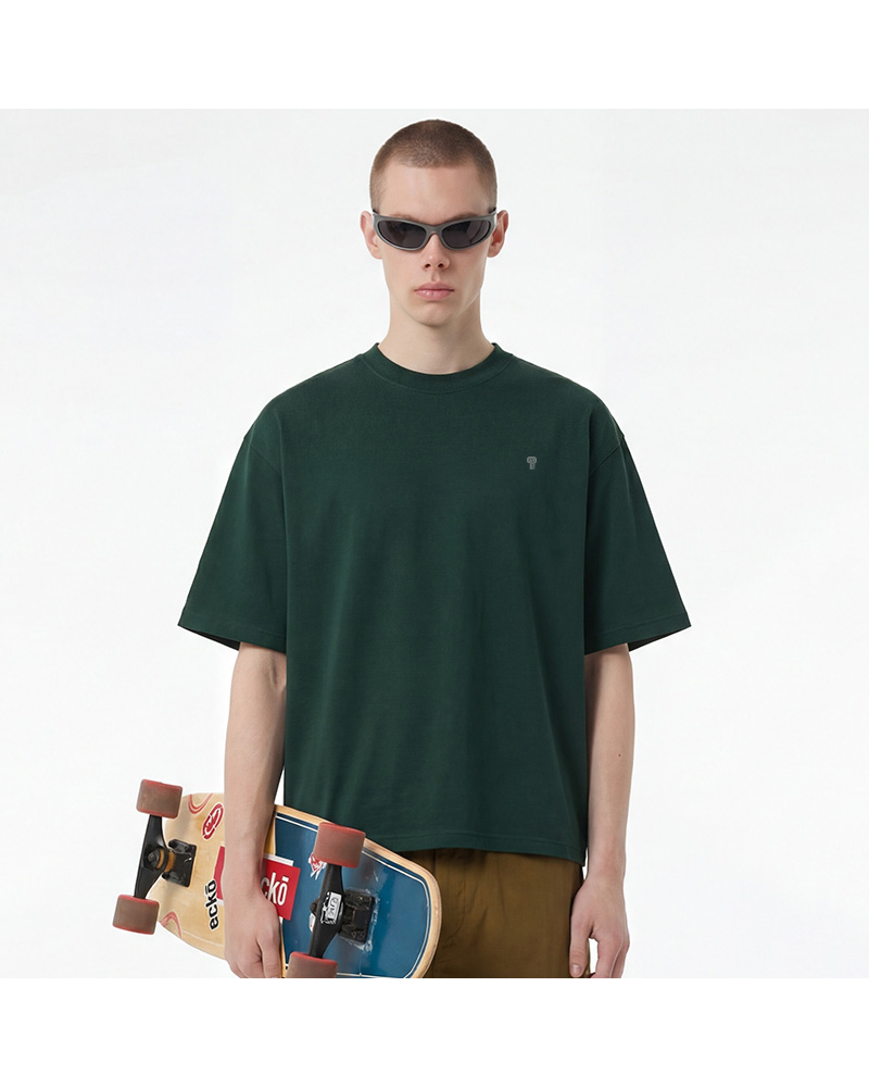 Polocom Plus Structure Heavyweight Cotton Tee in Dark Green, model front view