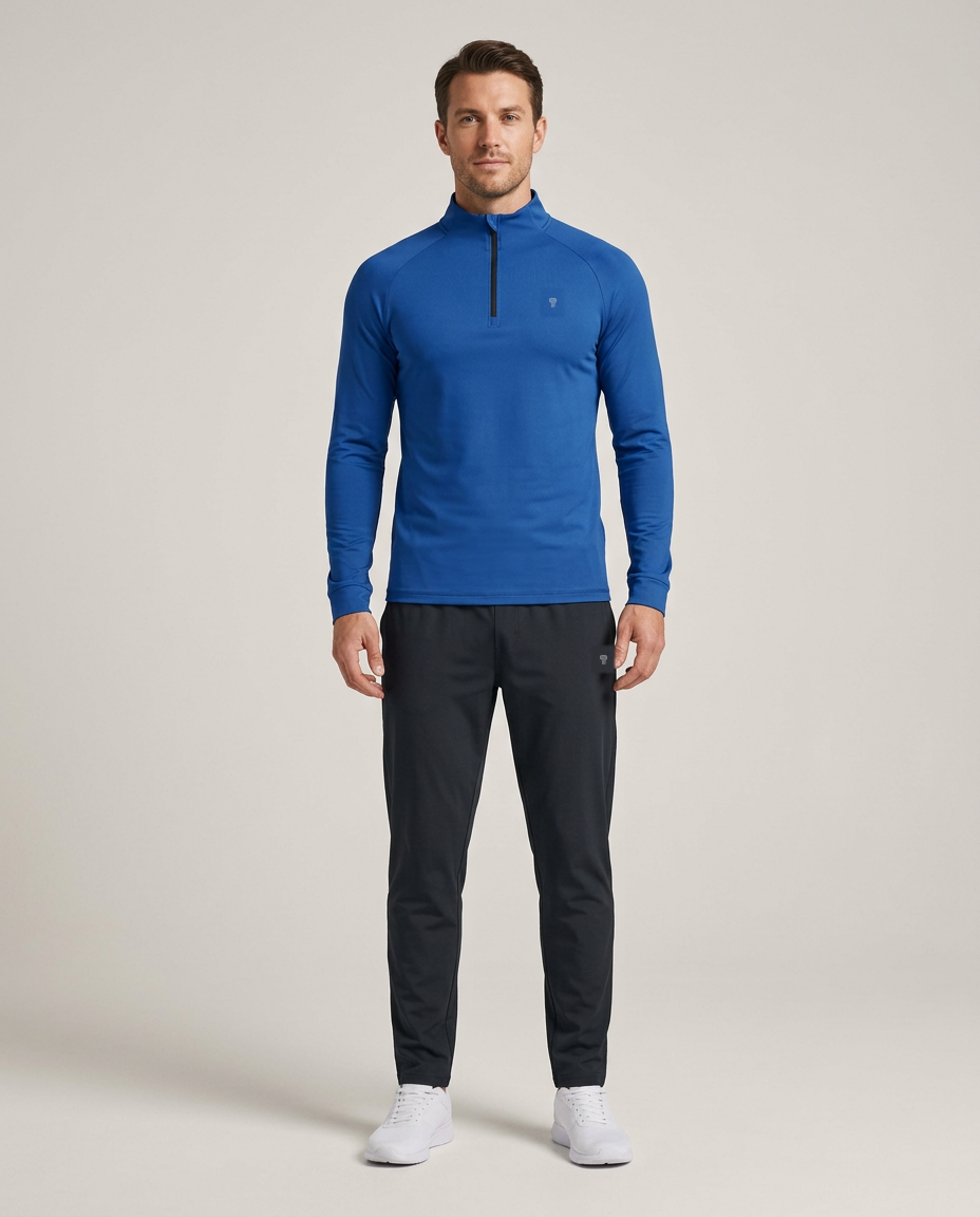 Polocom Plus Tempo Quarter-Zip Tracksuit in Elegant Blue, front view worn by an adult male model