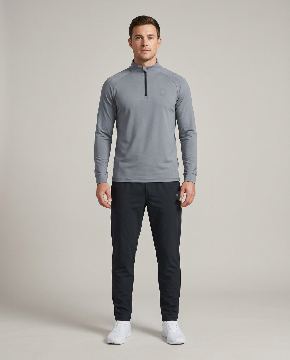 Polocom Plus Tempo Quarter-Zip Tracksuit in Steel Ash, front view worn by an adult male model