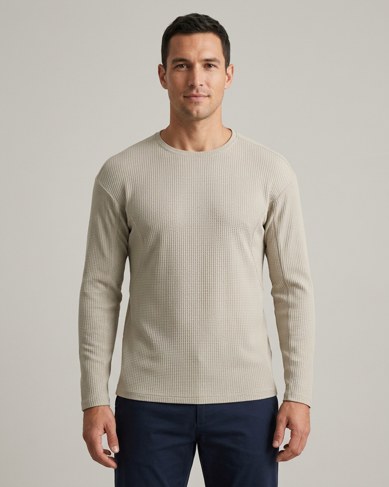 Polocom Plus Texture Waffle Long Sleeve Tee in Sand, model front view