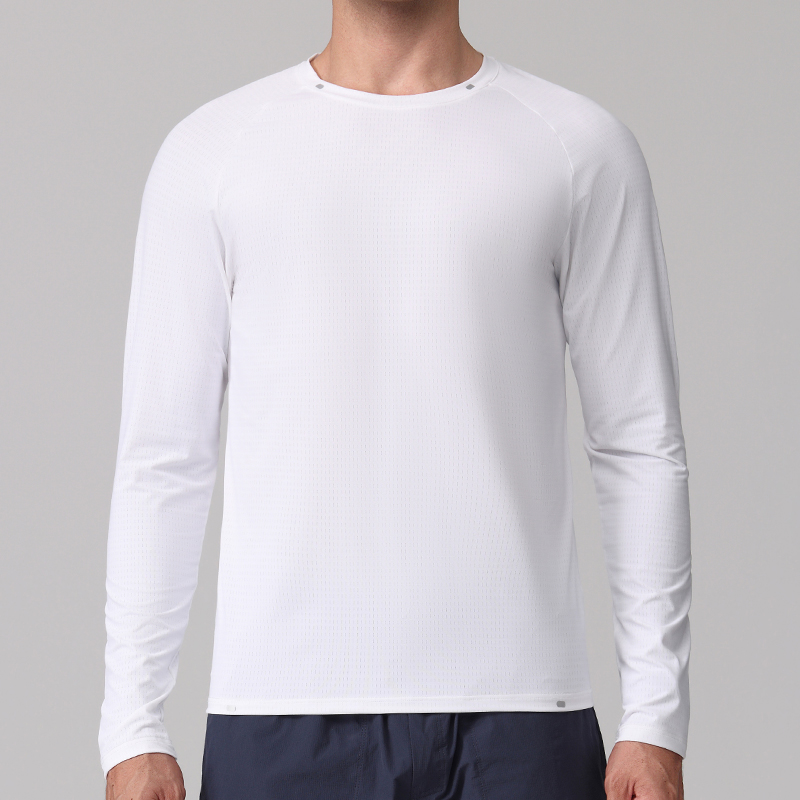 Polocom Plus Vector Long-Sleeve Running Tee in White, front view on male model