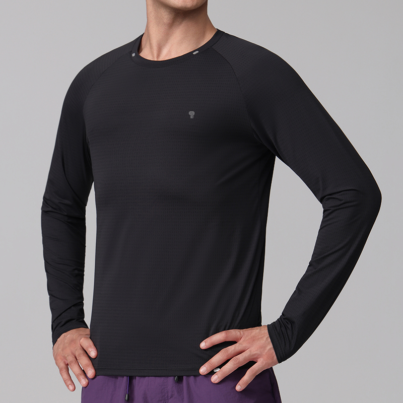Polocom Plus Vector Long-Sleeve Running Tee in Black, front view on male model