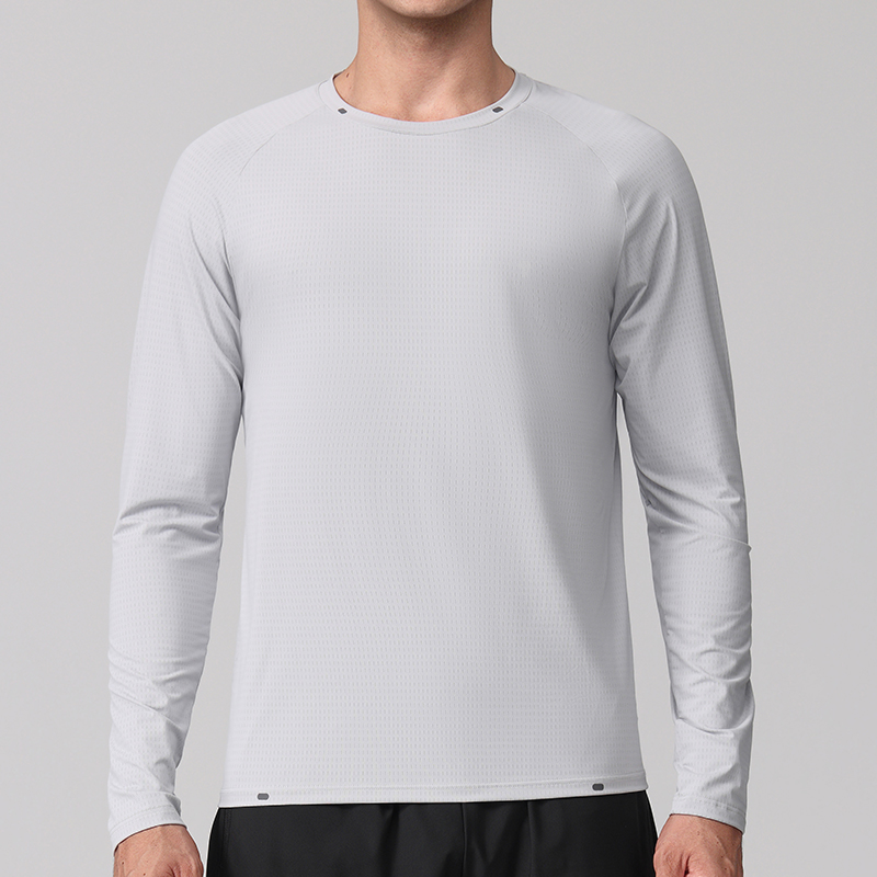 Polocom Plus Vector Long-Sleeve Running Tee in Gray, front view on male model