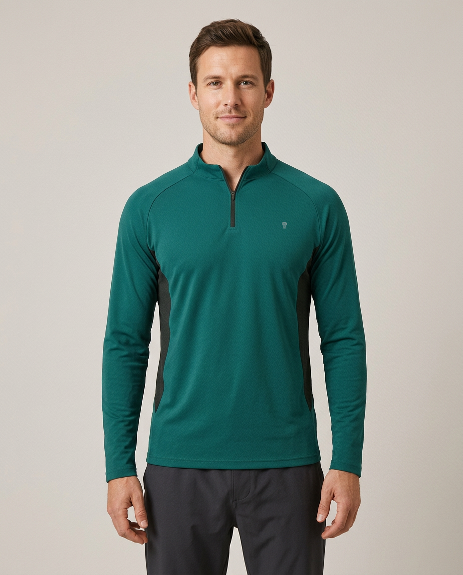 Polocom Plus Warmup Fleece Quarter-Zip Top in Blue Green, front view worn by an adult male model