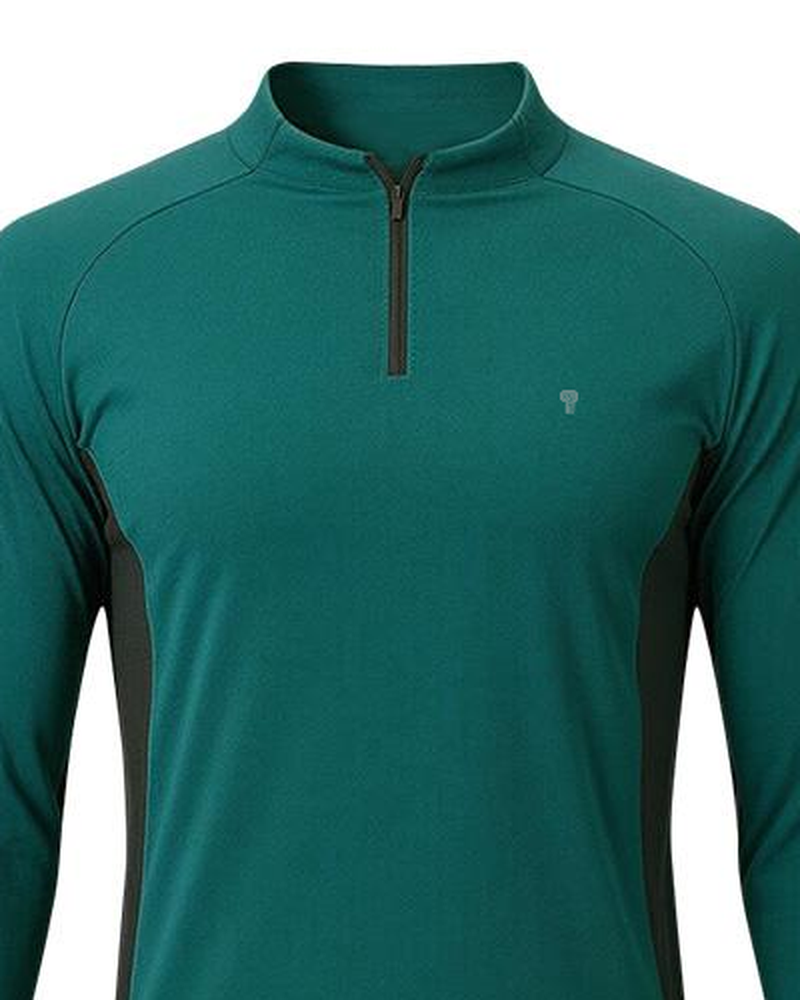 Polocom Plus Warmup Fleece Quarter-Zip Top in Blue Green, stand collar, zipper and fabric detail